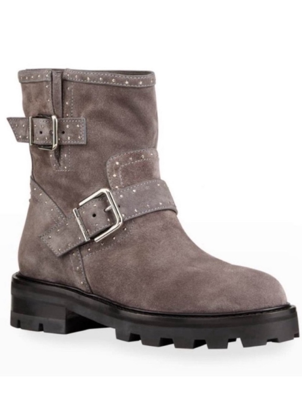 Jimmy Choo Youth Gray Suede Studded Moto Ankle Boots 40 US 10